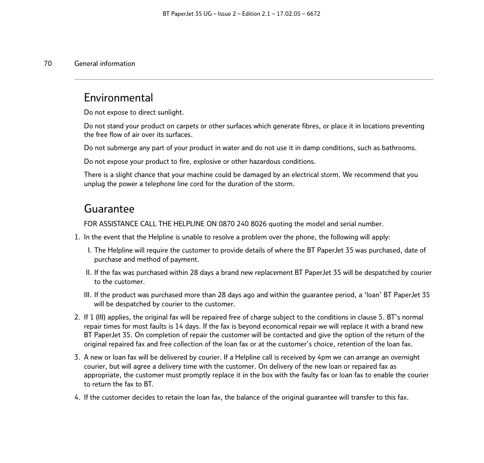 Environmental, Guarantee | BT PaperJet 35 User Manual | Page 70 / 75