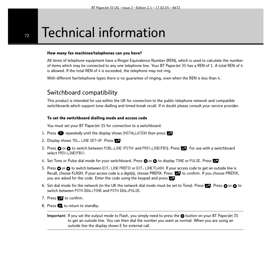 Technical information, Switchboard compatibility | BT PaperJet 35 User Manual | Page 72 / 75