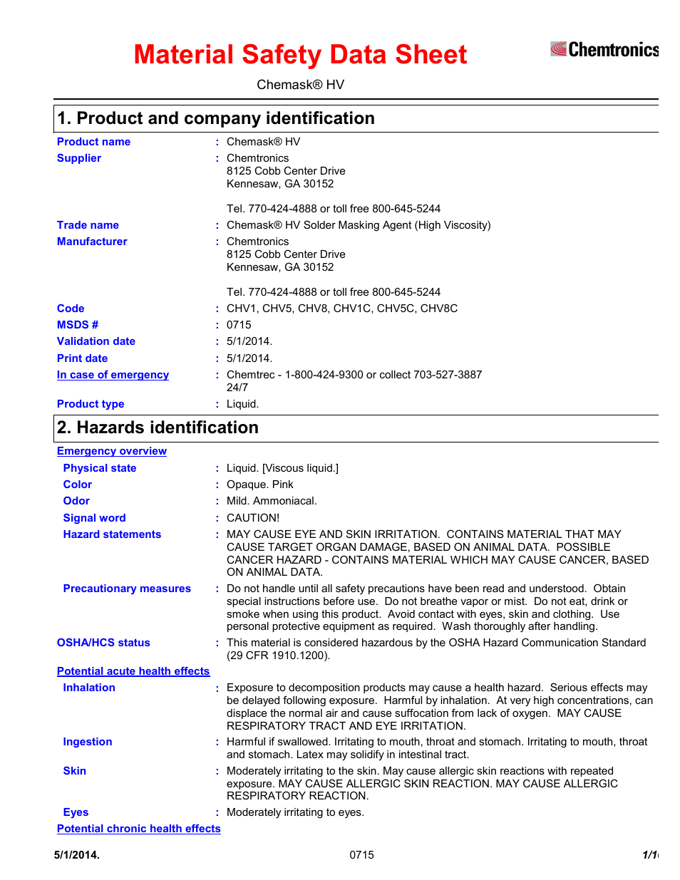 Chemtronics Chemask® HV - High Viscosity Peelable CHV8 User Manual | 10 pages