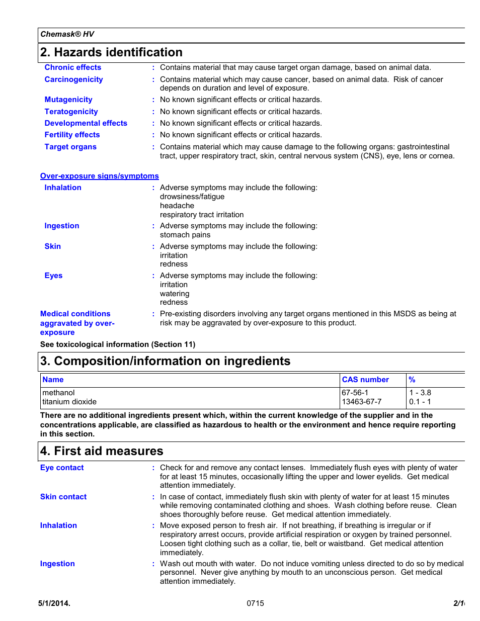 Hazards identification, Composition/information on ingredients, First aid measures | Chemtronics Chemask® HV - High Viscosity Peelable CHV8 User Manual | Page 2 / 10