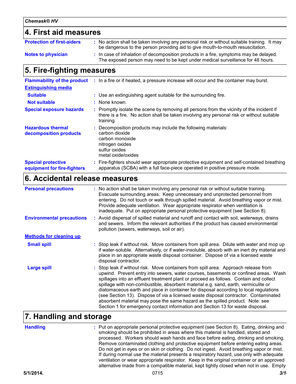 First aid measures, Fire-fighting measures, Accidental release measures | Handling and storage | Chemtronics Chemask® HV - High Viscosity Peelable CHV8 User Manual | Page 3 / 10