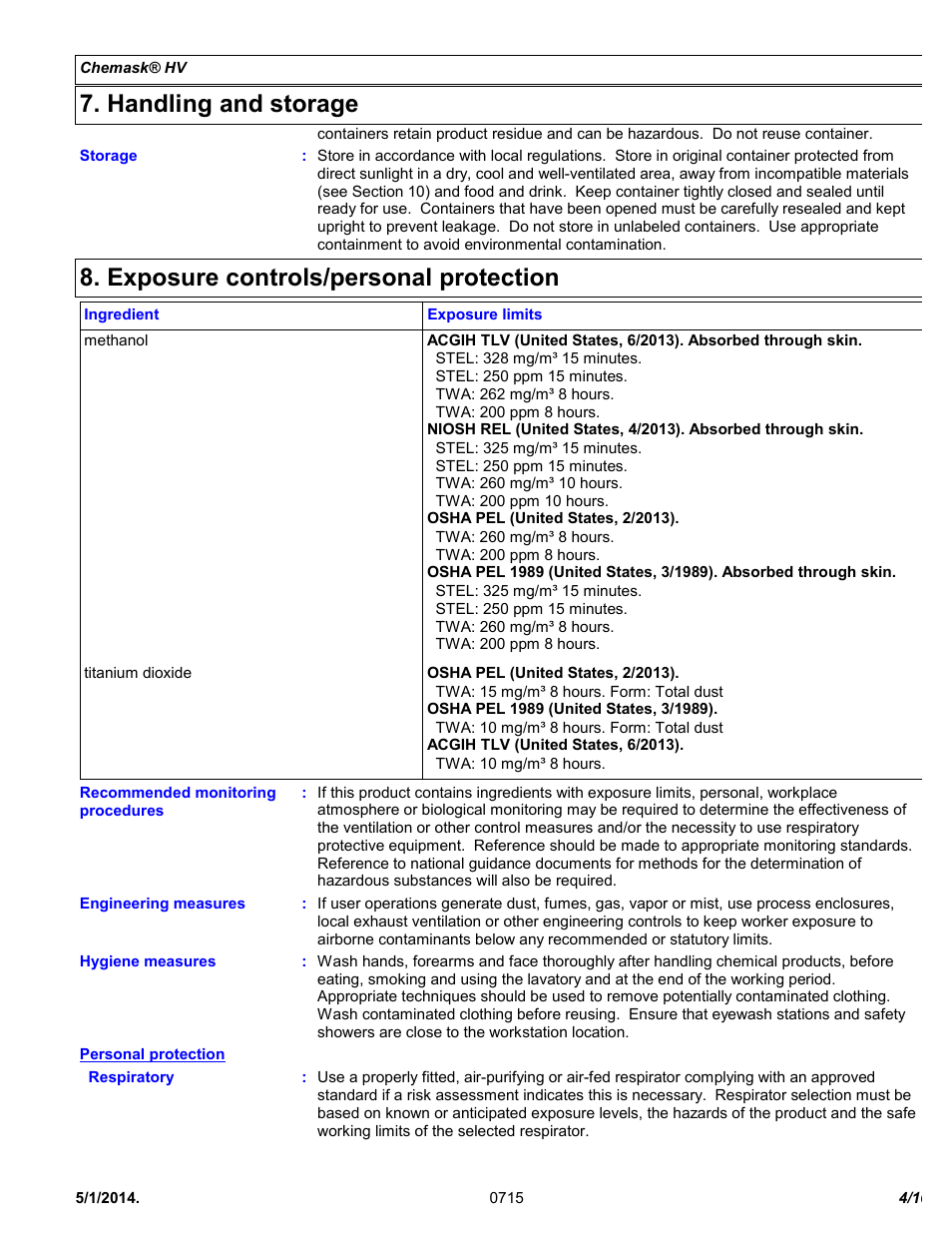 Handling and storage, Exposure controls/personal protection | Chemtronics Chemask® HV - High Viscosity Peelable CHV8 User Manual | Page 4 / 10