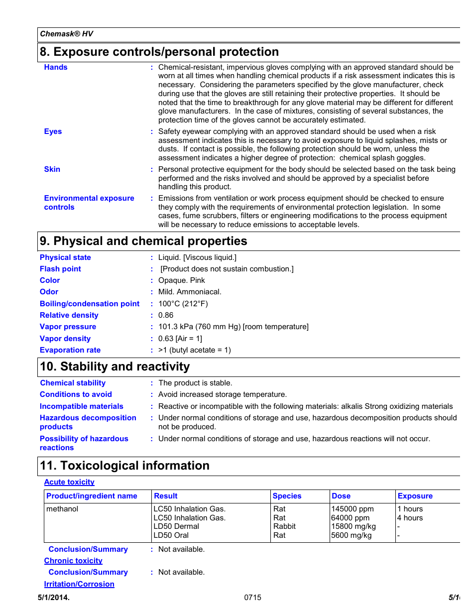 Exposure controls/personal protection, Physical and chemical properties, Stability and reactivity | Toxicological information | Chemtronics Chemask® HV - High Viscosity Peelable CHV8 User Manual | Page 5 / 10