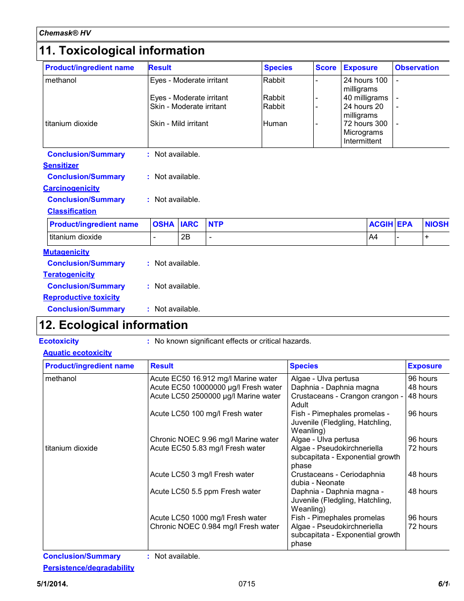 Toxicological information, Ecological information | Chemtronics Chemask® HV - High Viscosity Peelable CHV8 User Manual | Page 6 / 10