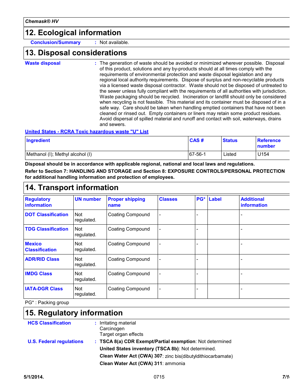 Ecological information, Disposal considerations, Transport information | Regulatory information | Chemtronics Chemask® HV - High Viscosity Peelable CHV8 User Manual | Page 7 / 10