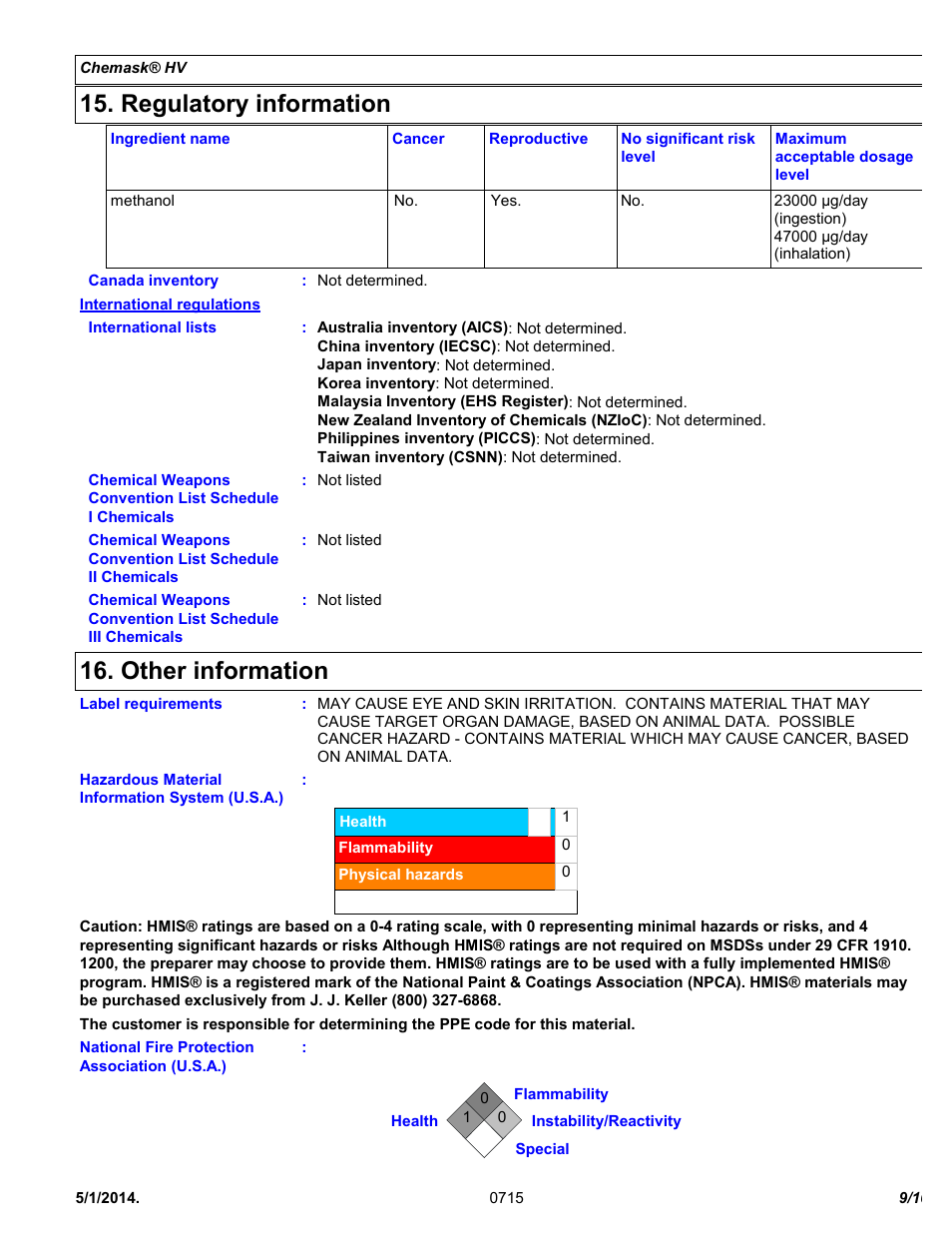 Regulatory information, Other information | Chemtronics Chemask® HV - High Viscosity Peelable CHV8 User Manual | Page 9 / 10