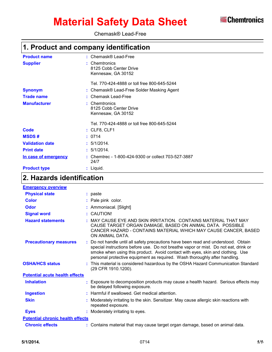 Chemtronics Chemask® LF - Lead-Free CLF8 User Manual | 10 pages