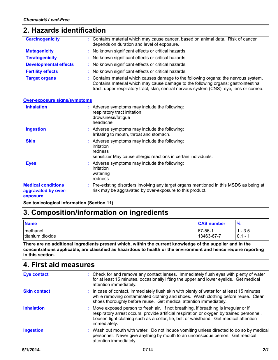 Hazards identification, Composition/information on ingredients, First aid measures | Chemtronics Chemask® LF - Lead-Free CLF8 User Manual | Page 2 / 10