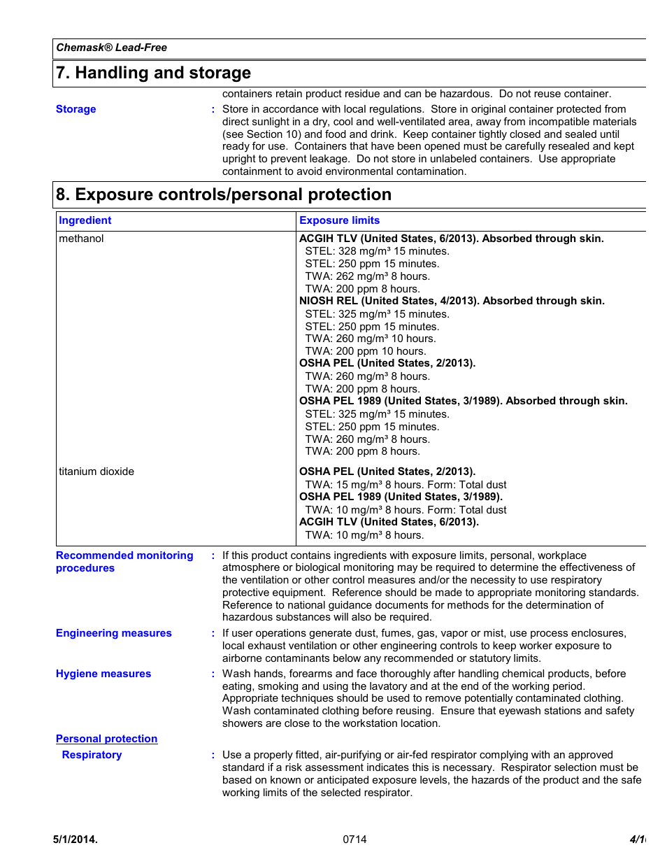 Handling and storage, Exposure controls/personal protection | Chemtronics Chemask® LF - Lead-Free CLF8 User Manual | Page 4 / 10