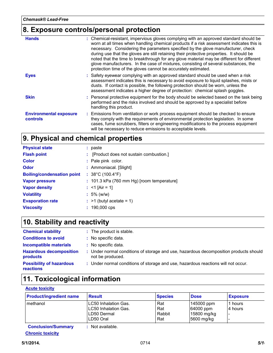 Exposure controls/personal protection, Physical and chemical properties, Stability and reactivity | Toxicological information | Chemtronics Chemask® LF - Lead-Free CLF8 User Manual | Page 5 / 10