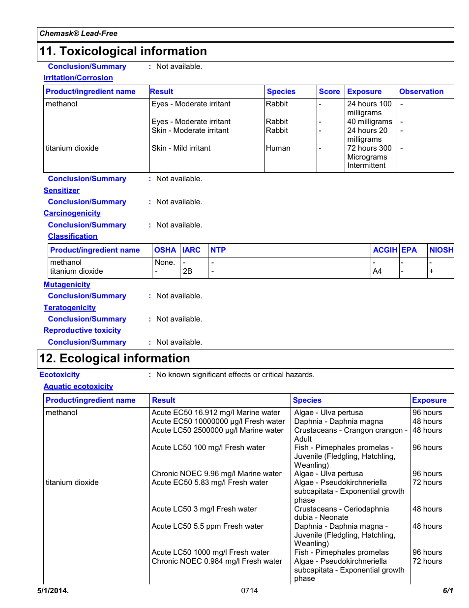 Toxicological information, Ecological information | Chemtronics Chemask® LF - Lead-Free CLF8 User Manual | Page 6 / 10