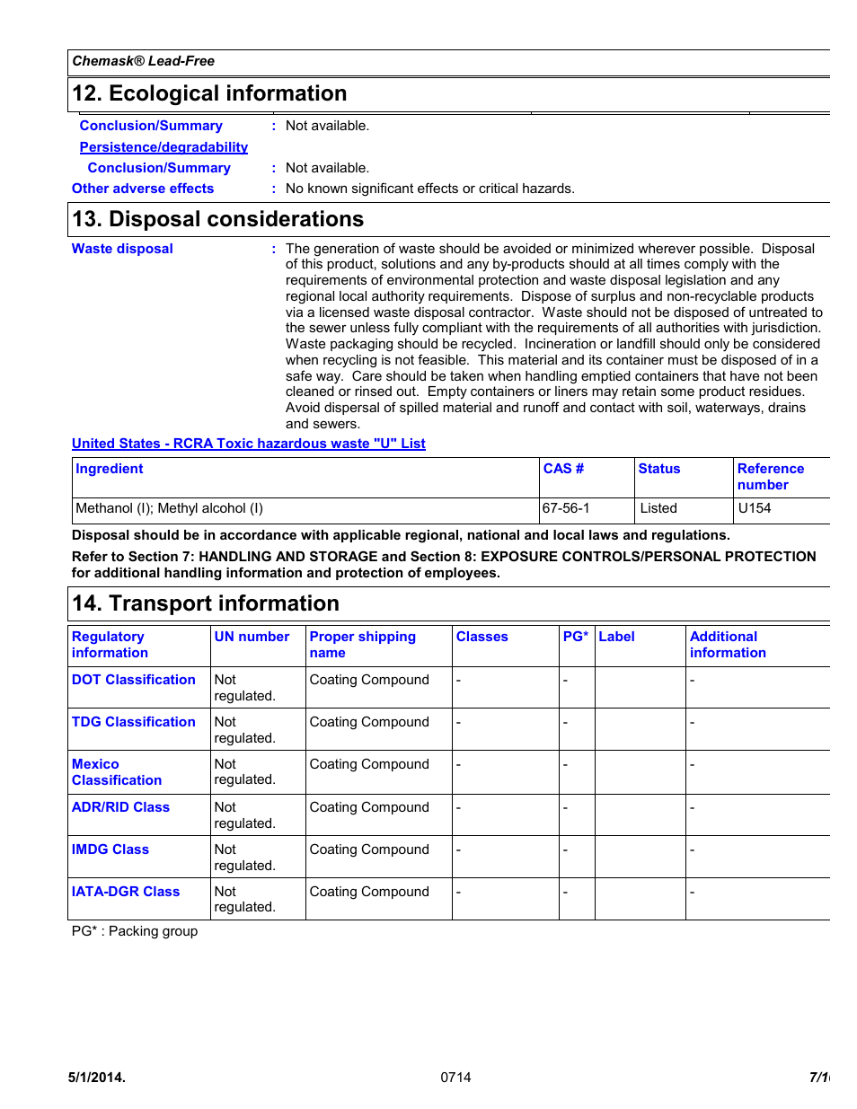 Ecological information, Disposal considerations, Transport information | Chemtronics Chemask® LF - Lead-Free CLF8 User Manual | Page 7 / 10