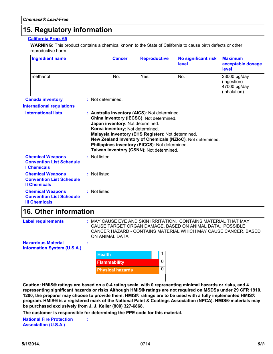 Regulatory information, Other information | Chemtronics Chemask® LF - Lead-Free CLF8 User Manual | Page 9 / 10