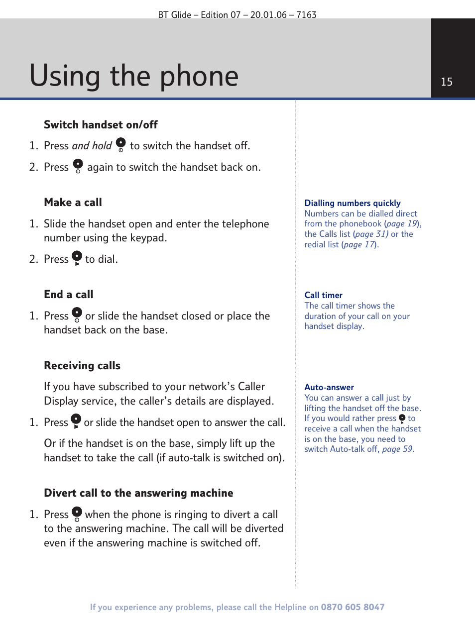 Using the phone | BT Glide 7163 User Manual | Page 15 / 76