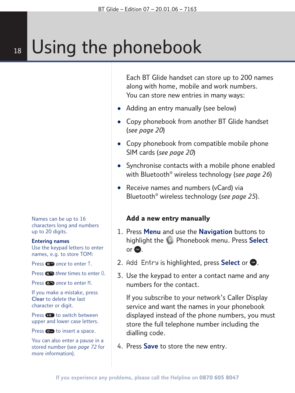 Using the phonebook | BT Glide 7163 User Manual | Page 18 / 76