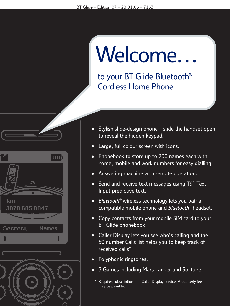 Welcome, Cordless home phone | BT Glide 7163 User Manual | Page 2 / 76