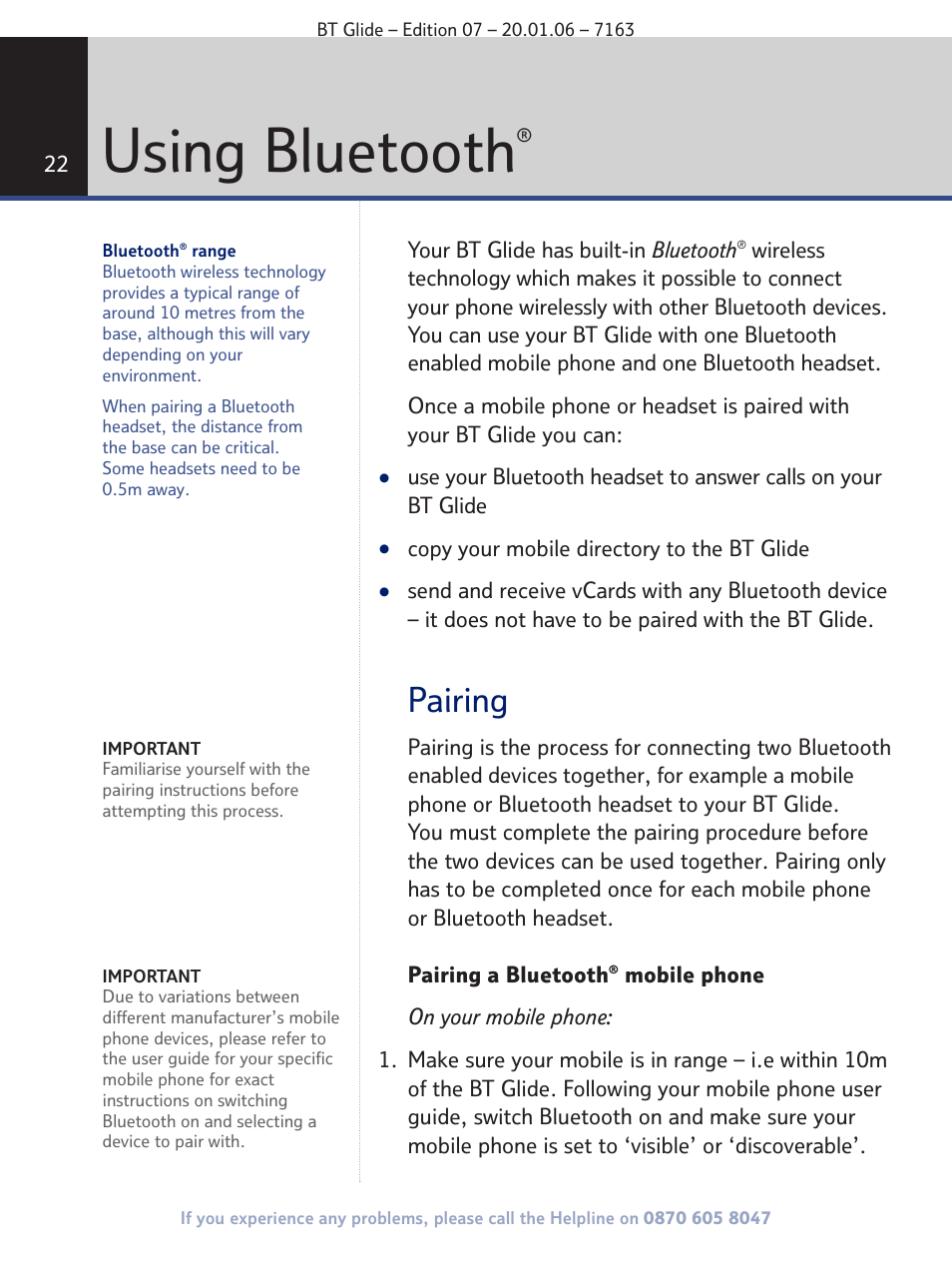 Using bluetooth, Pairing | BT Glide 7163 User Manual | Page 22 / 76