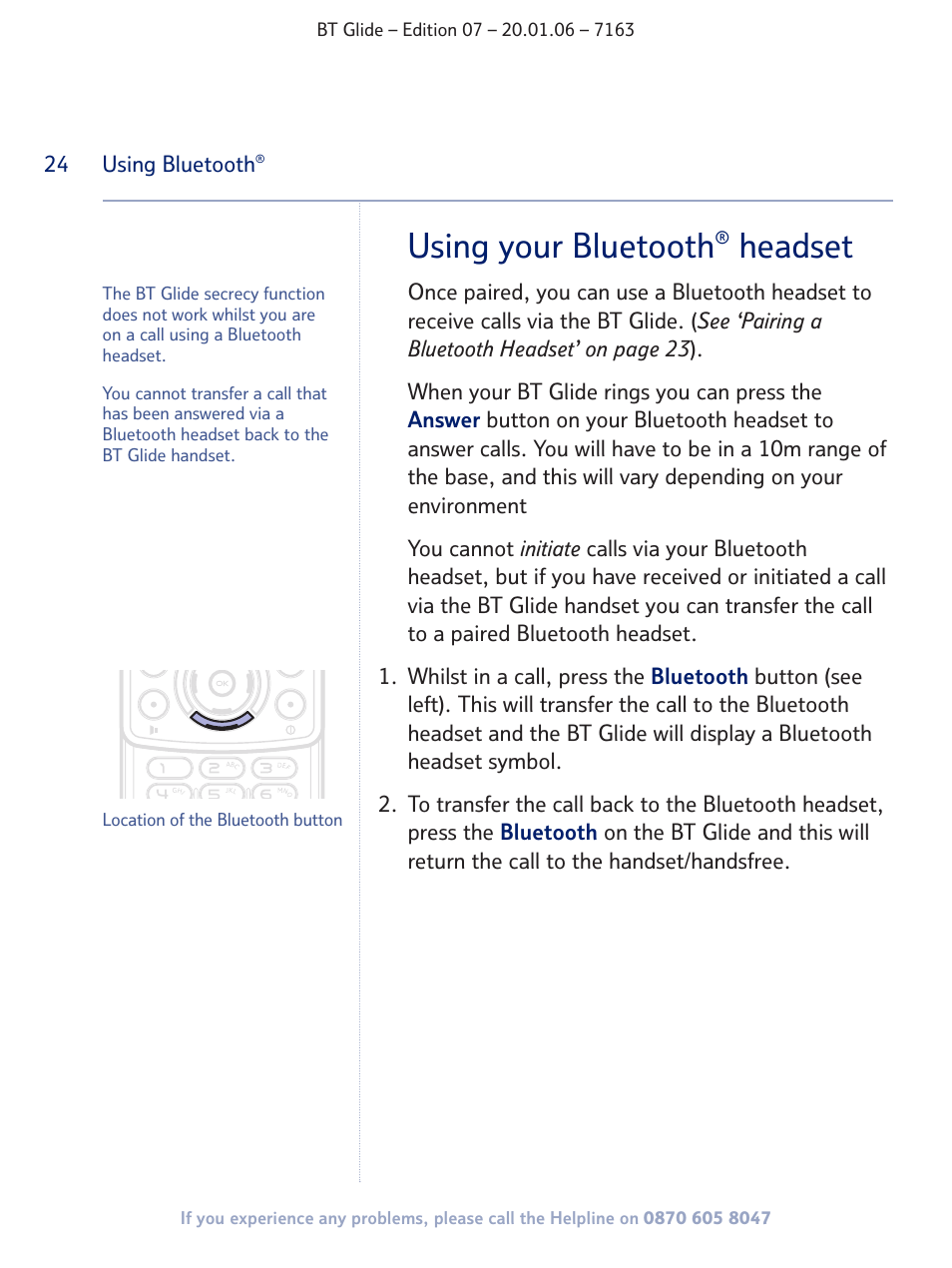 Using your bluetooth, Headset | BT Glide 7163 User Manual | Page 24 / 76