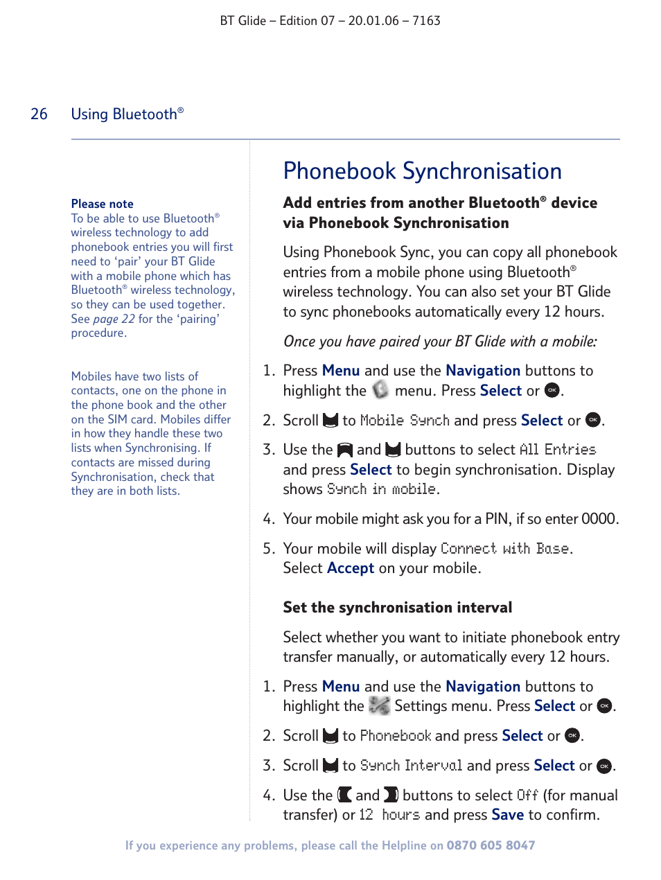 Phonebook synchronisation | BT Glide 7163 User Manual | Page 26 / 76
