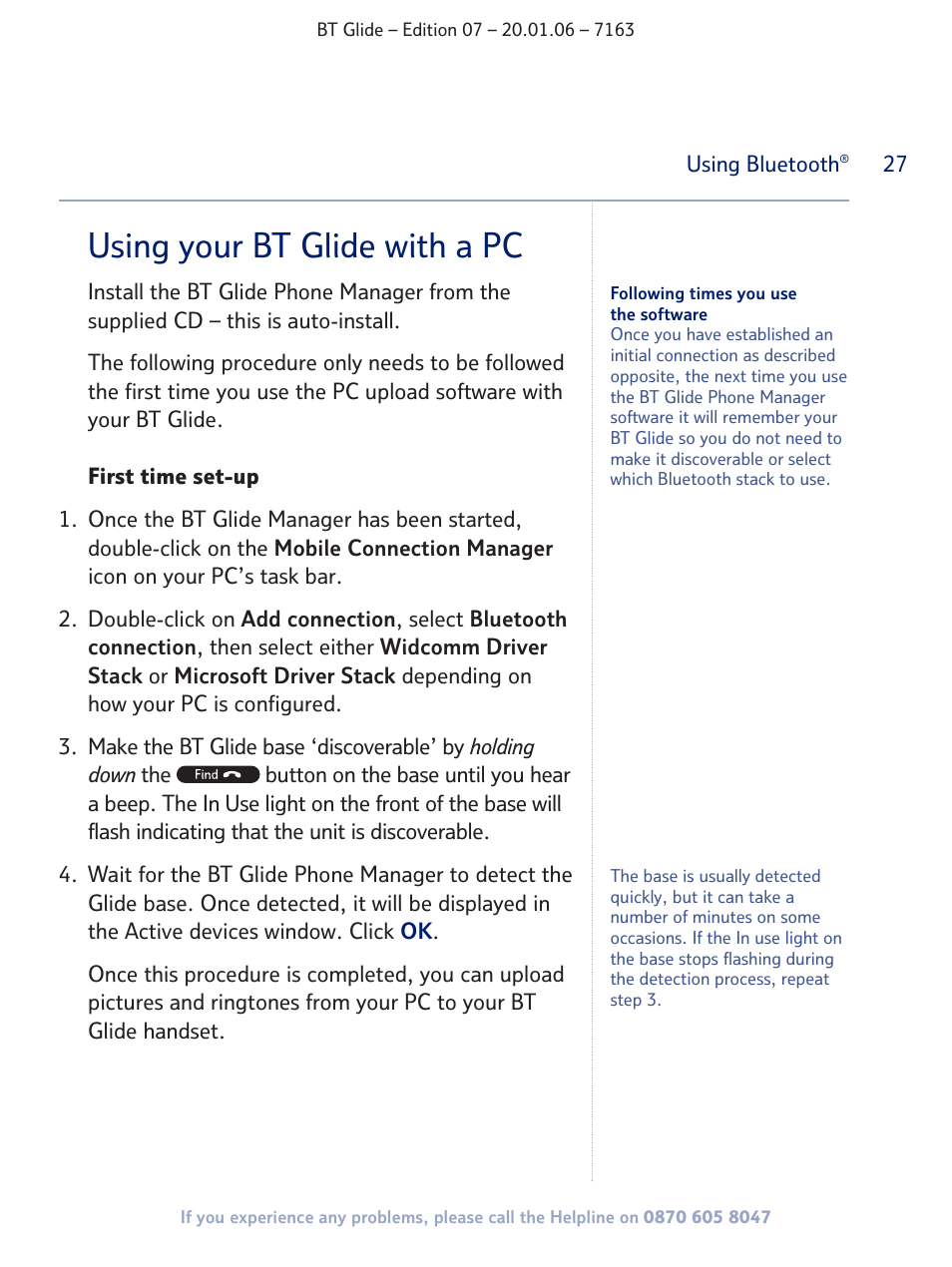 Using your bt glide with a pc | BT Glide 7163 User Manual | Page 27 / 76