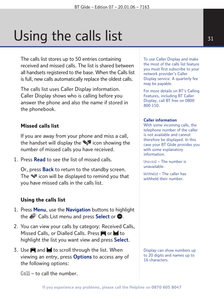 Using the calls list | BT Glide 7163 User Manual | Page 31 / 76