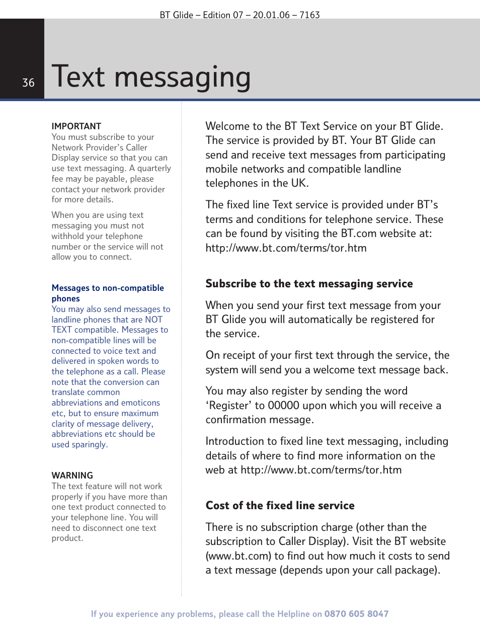 Text messaging | BT Glide 7163 User Manual | Page 36 / 76