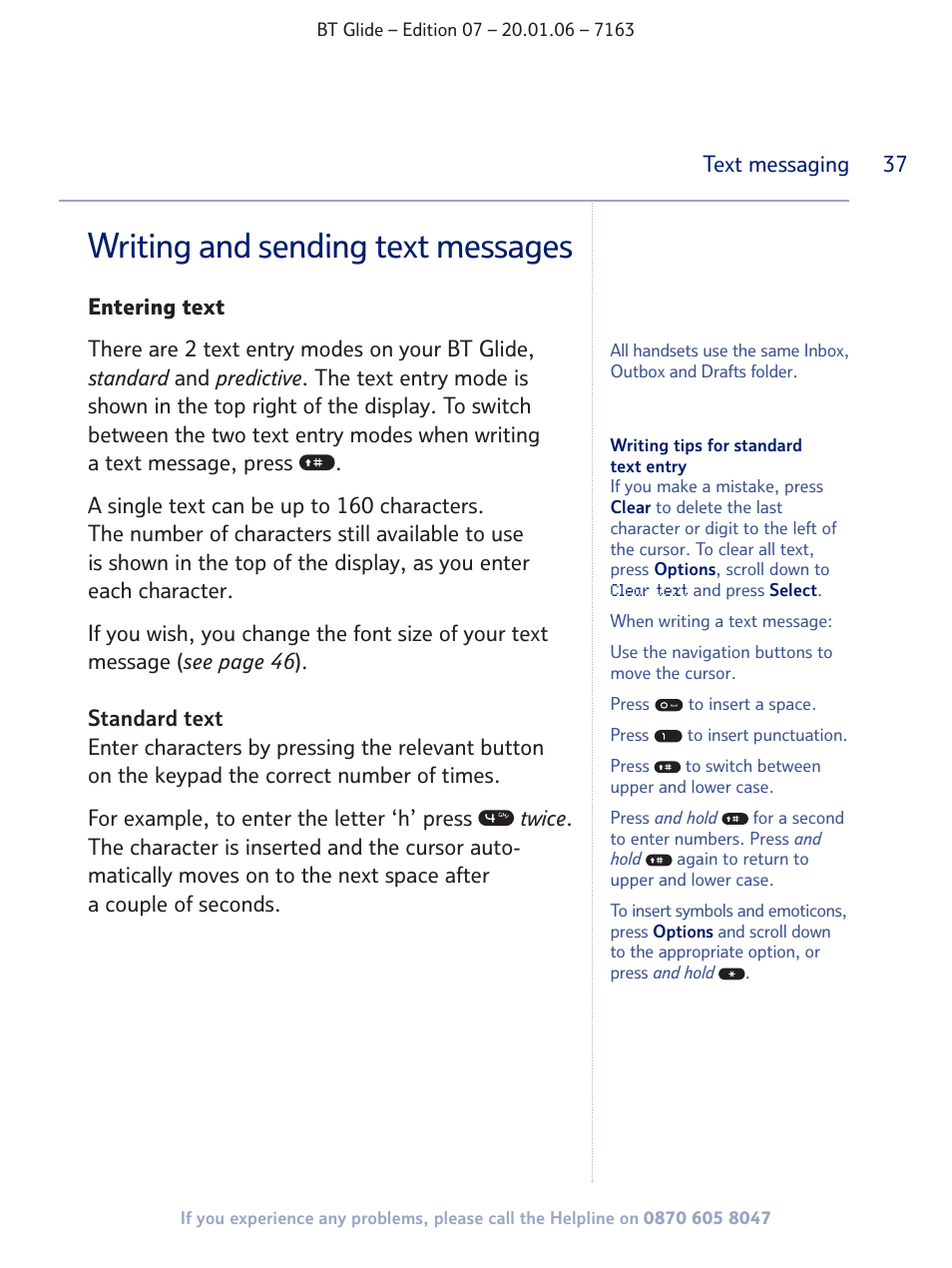 Writing and sending text messages | BT Glide 7163 User Manual | Page 37 / 76