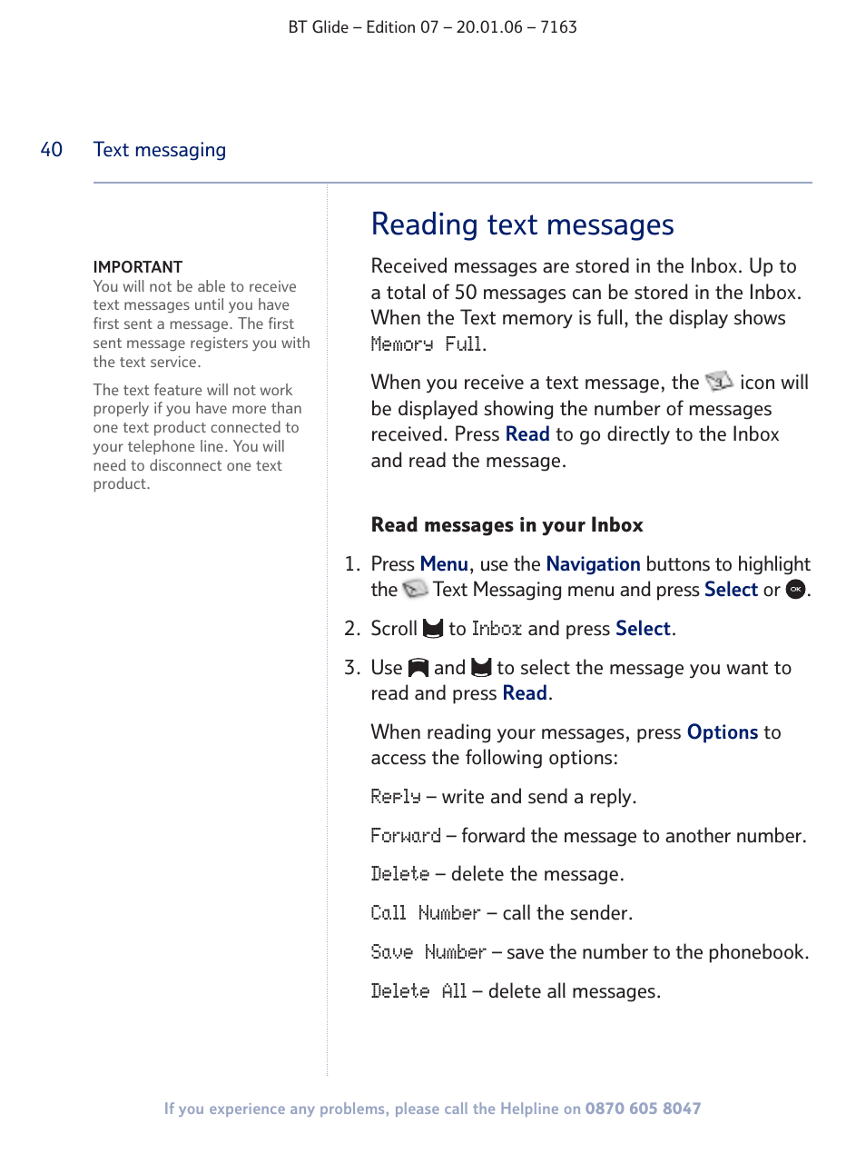 Reading text messages | BT Glide 7163 User Manual | Page 40 / 76