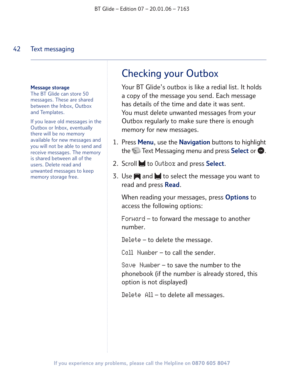Checking your outbox | BT Glide 7163 User Manual | Page 42 / 76