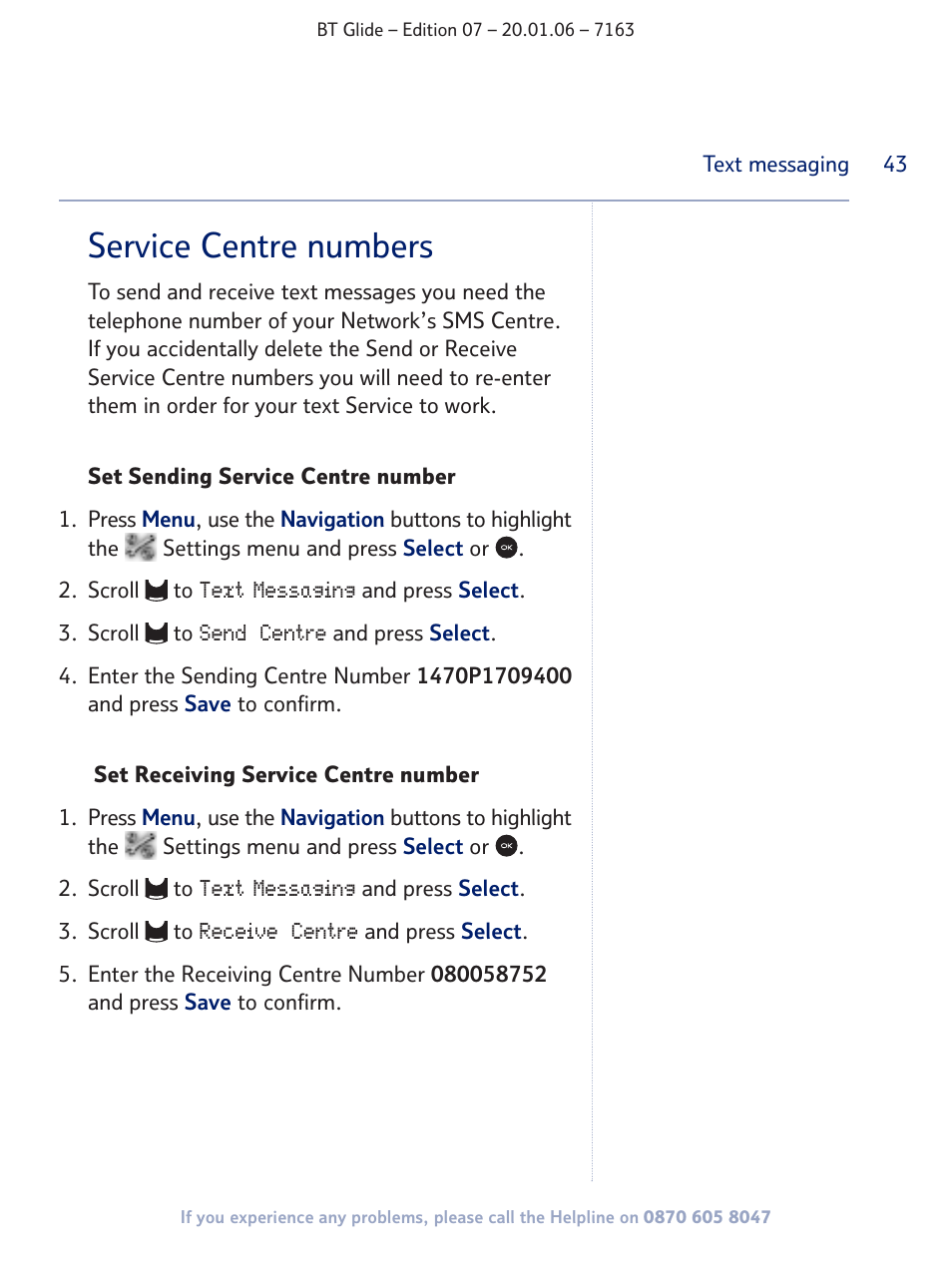 Service centre numbers | BT Glide 7163 User Manual | Page 43 / 76