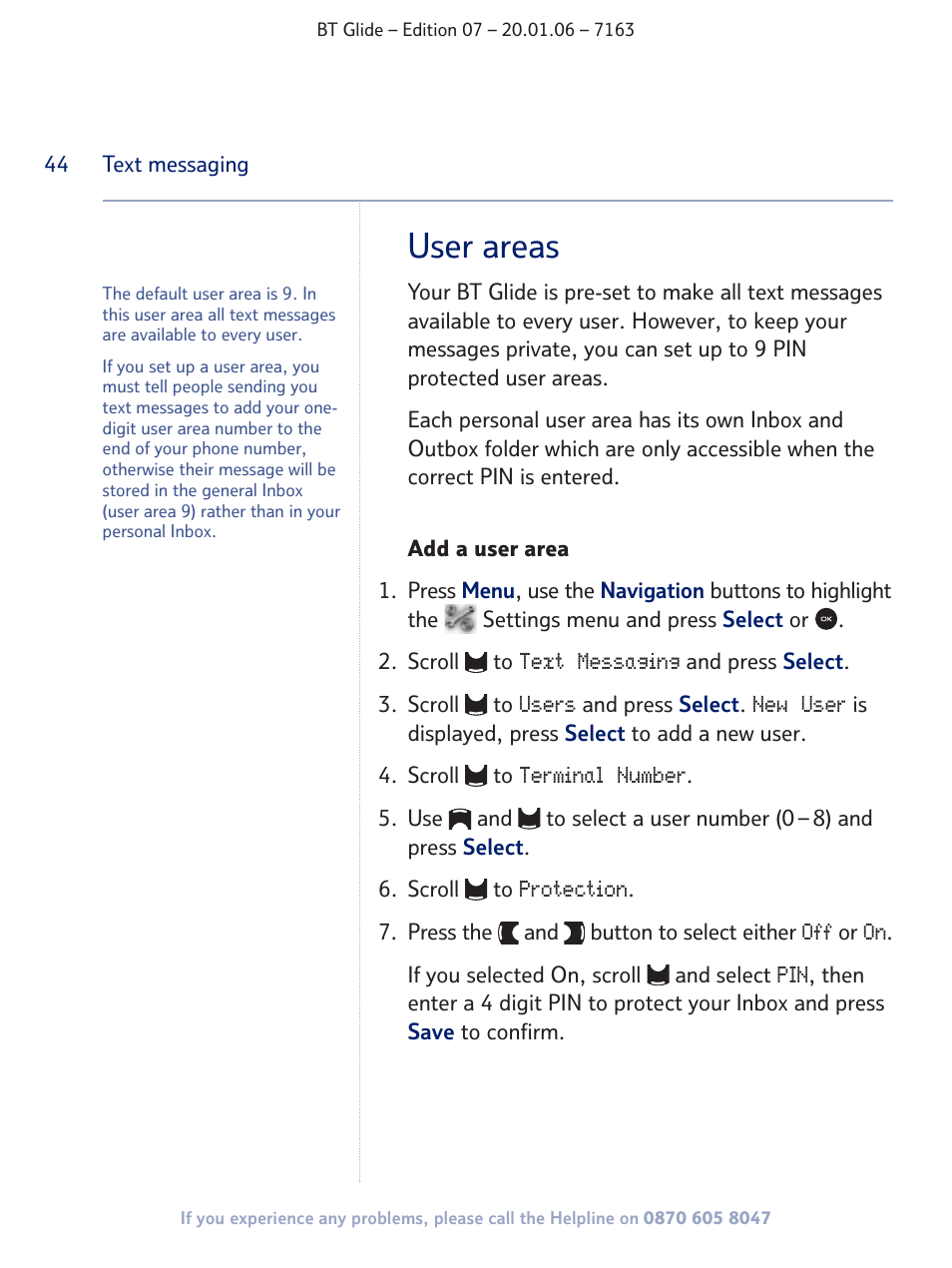 User areas | BT Glide 7163 User Manual | Page 44 / 76