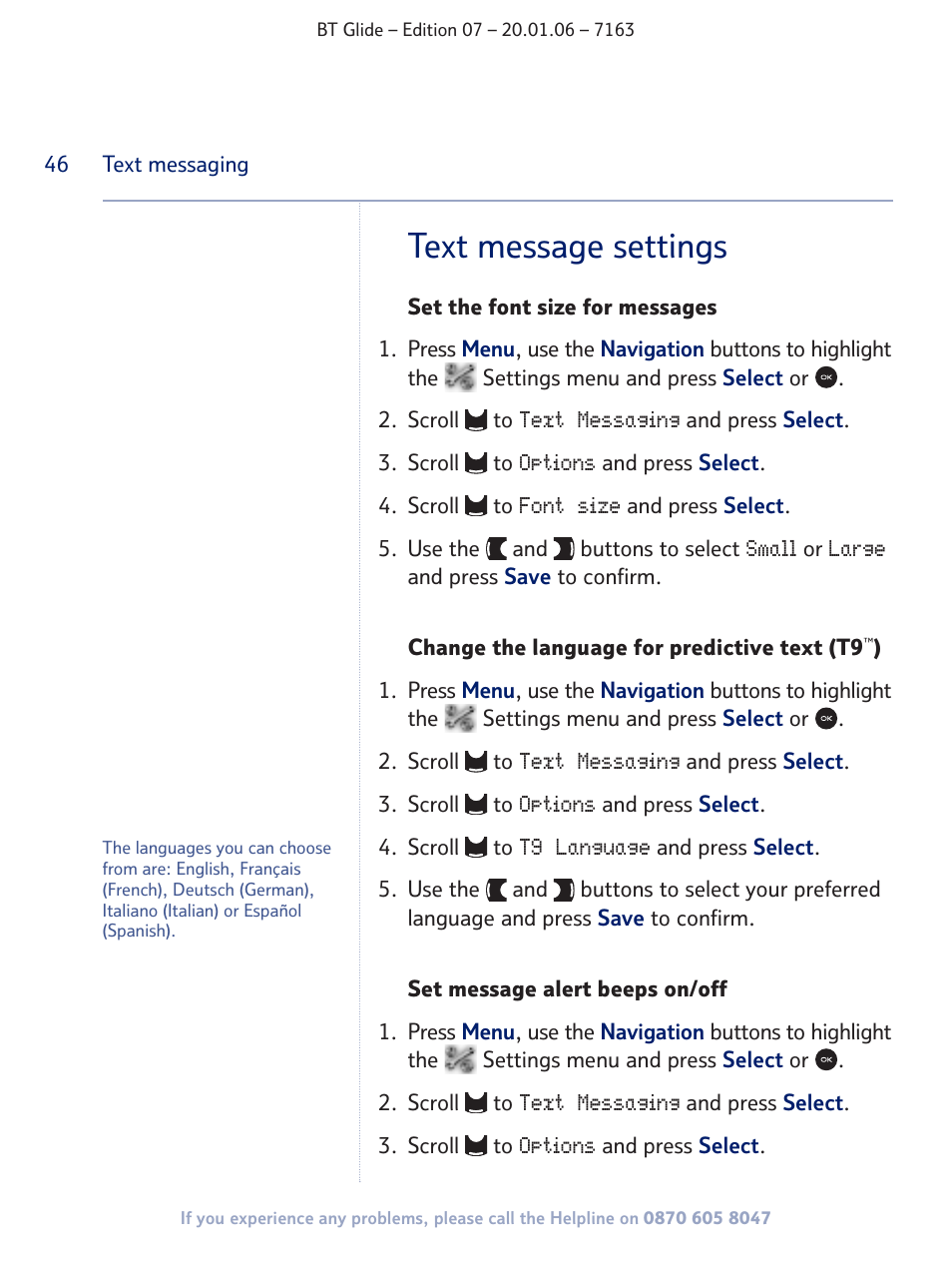 Text message settings | BT Glide 7163 User Manual | Page 46 / 76