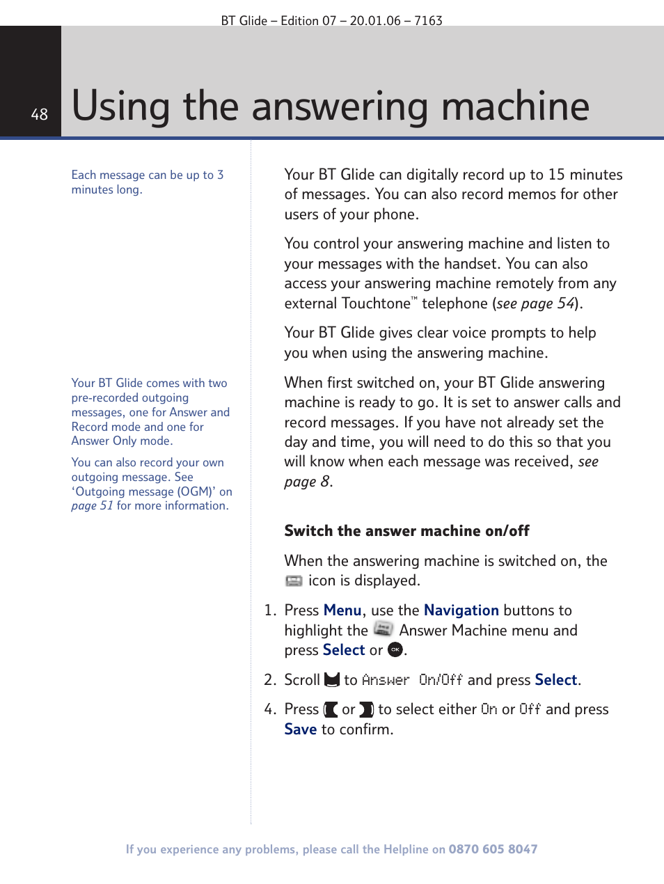 Using the answering machine | BT Glide 7163 User Manual | Page 48 / 76