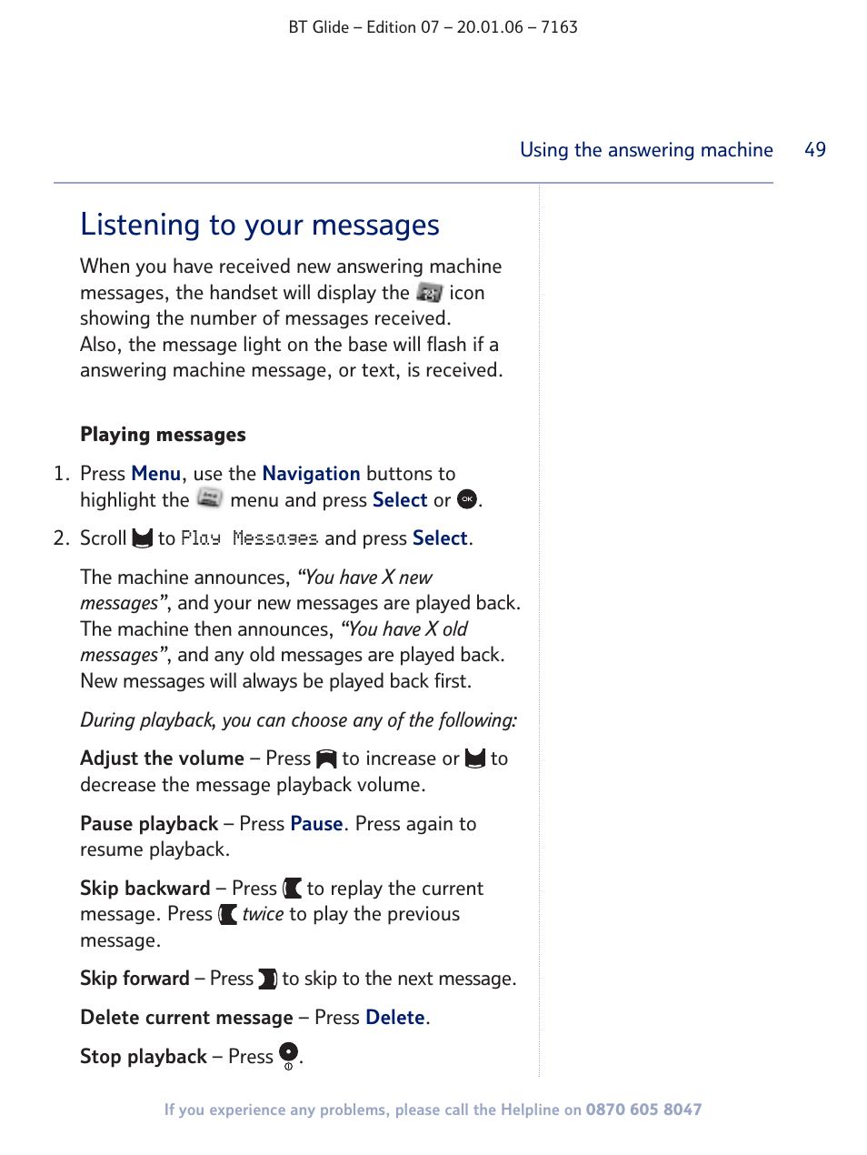 Listening to your messages | BT Glide 7163 User Manual | Page 49 / 76
