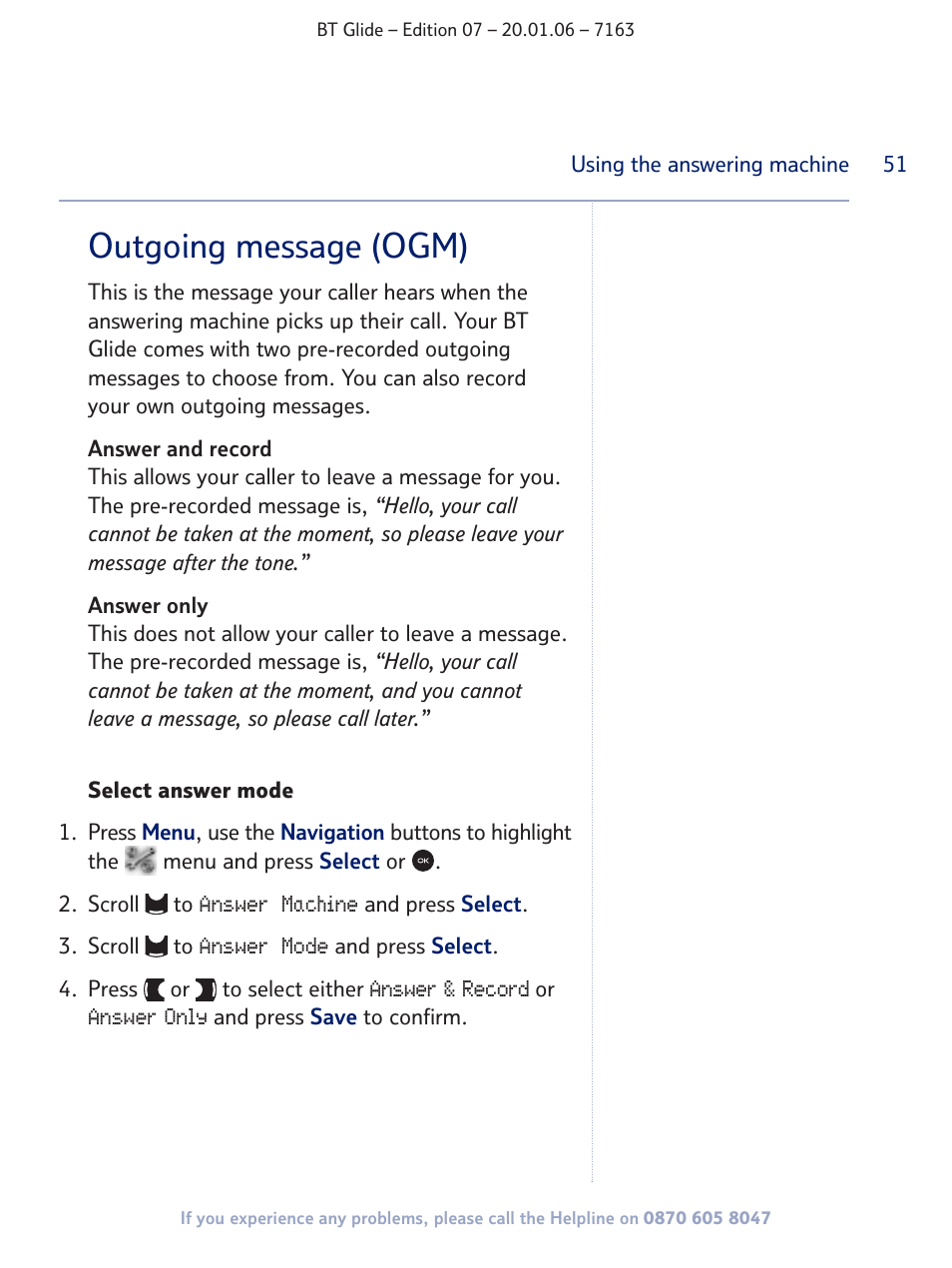 Outgoing message (ogm) | BT Glide 7163 User Manual | Page 51 / 76