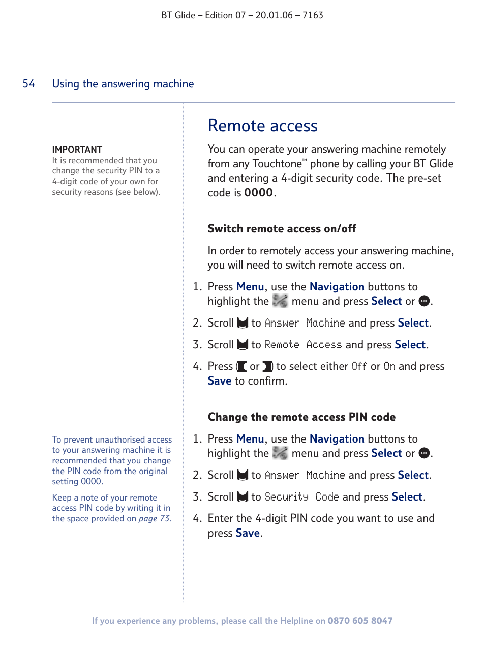 Remote access | BT Glide 7163 User Manual | Page 54 / 76