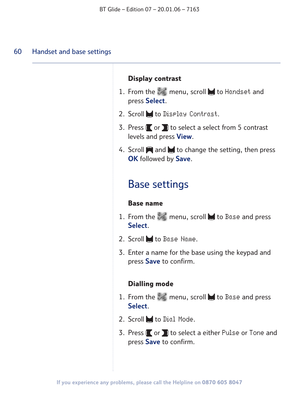 Base settings | BT Glide 7163 User Manual | Page 60 / 76