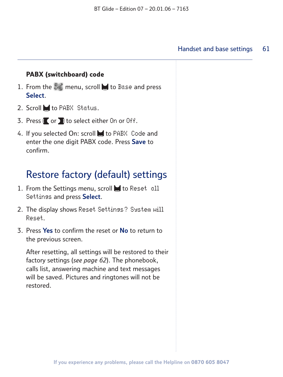 Restore factory (default) settings | BT Glide 7163 User Manual | Page 61 / 76