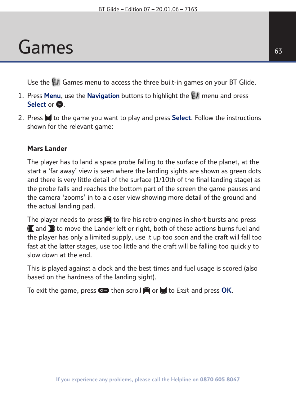 Games | BT Glide 7163 User Manual | Page 63 / 76
