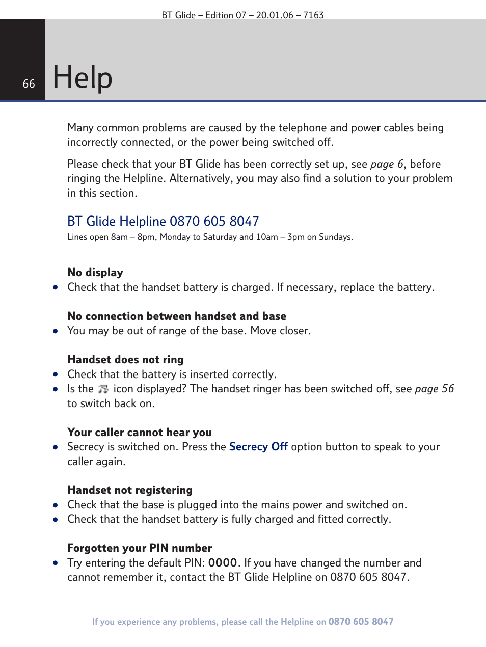 Help | BT Glide 7163 User Manual | Page 66 / 76