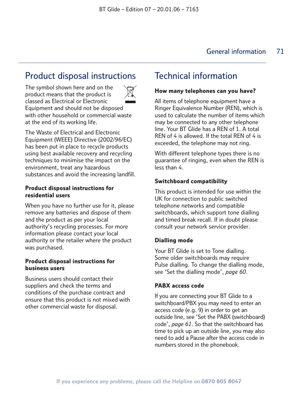 Product disposal instructions, Technical information | BT Glide 7163 User Manual | Page 71 / 76