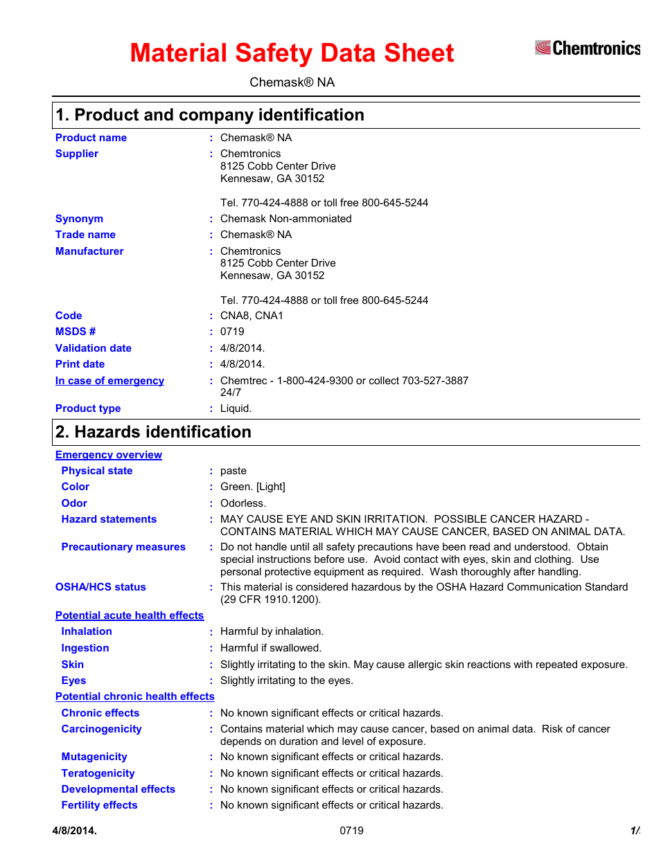 Chemtronics Chemask® NA – Non-Ammoniated CNA8 User Manual | 9 pages