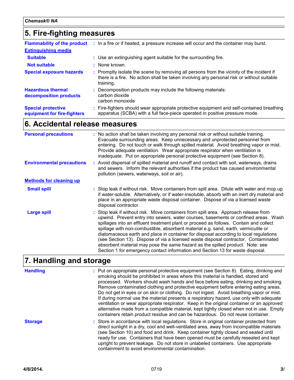 Fire-fighting measures, Accidental release measures, Handling and storage | Chemtronics Chemask® NA – Non-Ammoniated CNA8 User Manual | Page 3 / 9