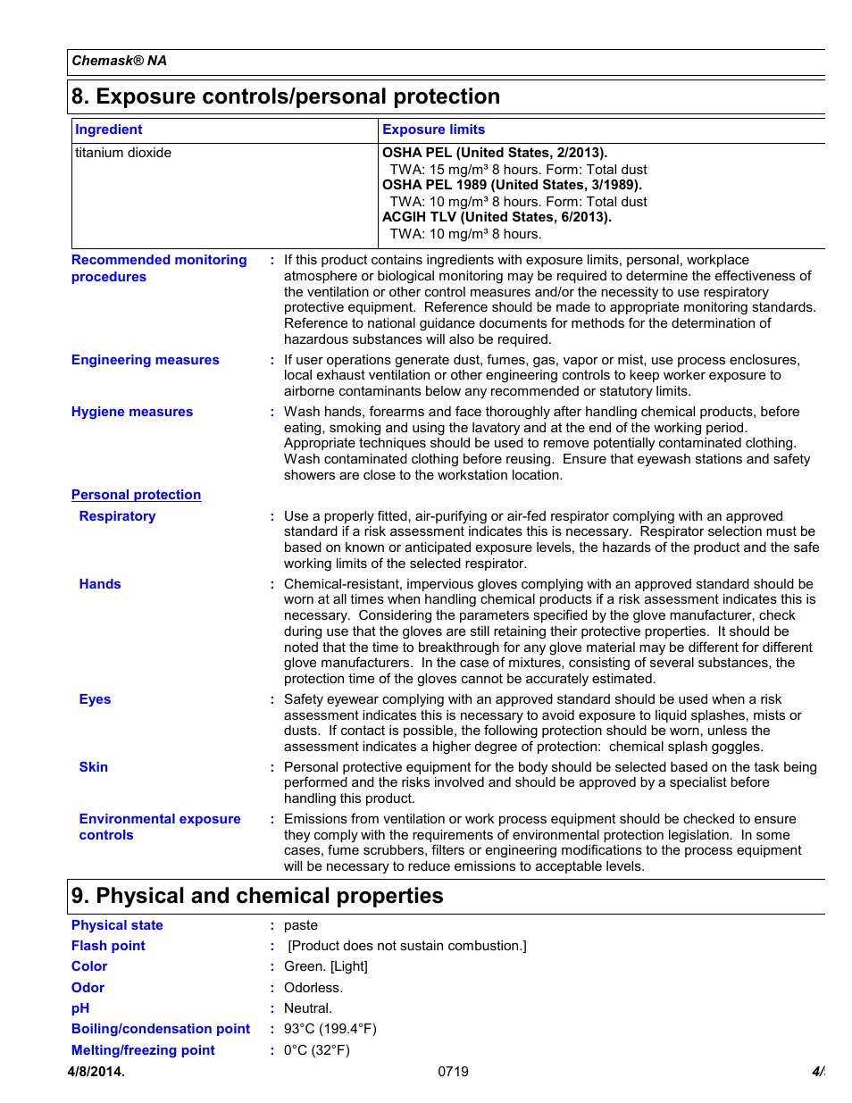 Exposure controls/personal protection, Physical and chemical properties | Chemtronics Chemask® NA – Non-Ammoniated CNA8 User Manual | Page 4 / 9