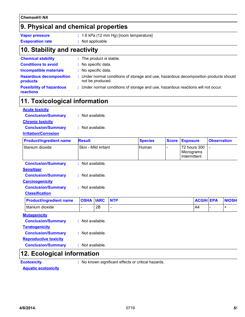 Physical and chemical properties, Stability and reactivity, Toxicological information | Ecological information | Chemtronics Chemask® NA – Non-Ammoniated CNA8 User Manual | Page 5 / 9