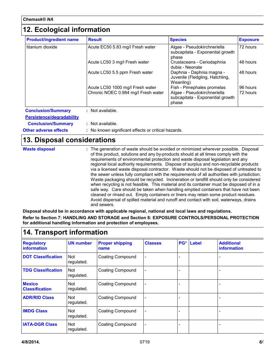 Ecological information, Disposal considerations, Transport information | Chemtronics Chemask® NA – Non-Ammoniated CNA8 User Manual | Page 6 / 9