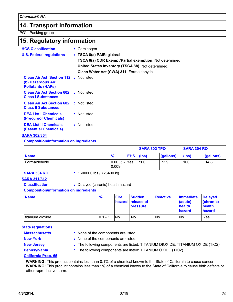 Transport information, Regulatory information | Chemtronics Chemask® NA – Non-Ammoniated CNA8 User Manual | Page 7 / 9