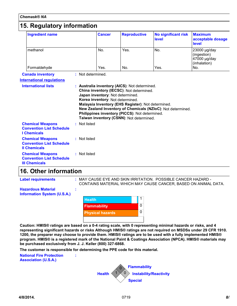 Regulatory information, Other information | Chemtronics Chemask® NA – Non-Ammoniated CNA8 User Manual | Page 8 / 9