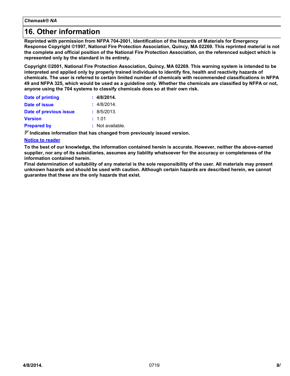 Other information | Chemtronics Chemask® NA – Non-Ammoniated CNA8 User Manual | Page 9 / 9