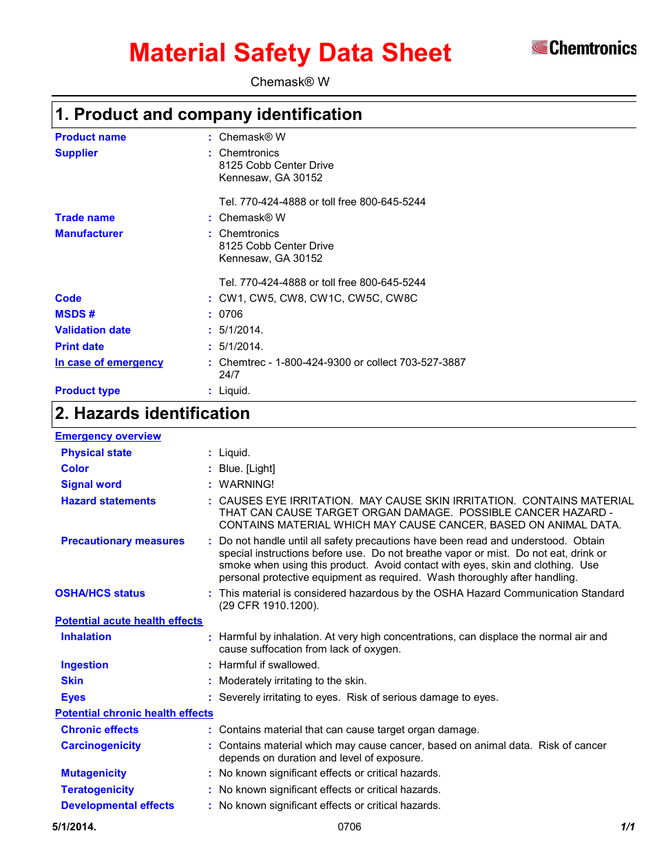 Chemtronics Chemask® W - Water Soluble CW8 User Manual | 11 pages